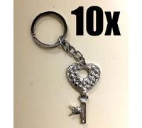 10 PEZZI Portachiavi in metallo CHIAVE CUORE STRASS bomboniera 09KS