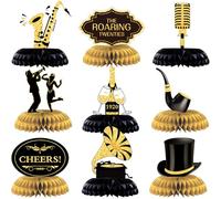 10 pezzi Roaring 1920 Party Honeycomb Centrotavola Decorazioni per feste di compleanno in oro e nero decorazioni per feste di compleanno, anni '20 Vintage Jazz Flapper per feste di matrimonio