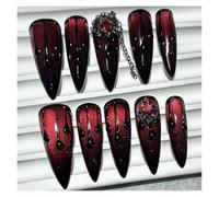 10 Pezzi Rosso Sangue Scuro Punta Lunga Stampa Fatta A Mano Sulle Unghie Diamanti Cat Eye Glitter Catene Unghie Finte Kit per manicure(Long Tip-S)