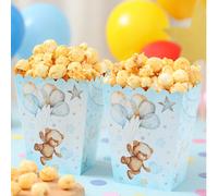 10 pezzi Scatola per popcorn per festa di nascità, forniture per feste di rivelazione del sesso del bambino, scatola per caramelle blu per il compleanno dei bambini, confezione con bordo ondulato per