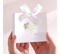 10 pezzi Scatole decorate con croce, con motivi a croce dorata e floreali, legate con nastri e avvolte in temi religiosi, adatte per Pasqua, matrimonio, festa della mamma, prima comunione, battesimo e