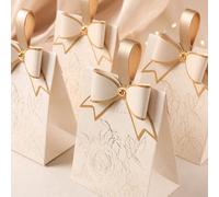 10 pezzi Scatole regalo natalizie con texture a fiocco e manico, scatole regalo creative per matrimoni, piccole scatole regalo di lusso per le vacanze Fiocco color champagneLettere,PianteCarta tessile