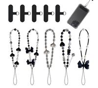 10 Pezzi Set Ciondoli per Telefono, 5 Cinturini con Perline e 5 Adesivi Universali, Stili Carini a Tema (Fiocco, Cuore, Orsetto), per Cellulare e Custodia, Bianco e Nero
