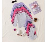 10 pezzi/set Completo casual per bambine con maglietta a maniche lunghe e pantaloni, stampa leopardata alla moda su tutto il capo, pratico per il cambio, adatto per primavera, autunno, inverno, per us