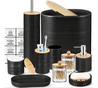 10 pezzi Set di accessori da bagno in bambù, include spazzola per WC, cestino, portasapone, dispenser di sapone, bicchiere, portaspazzolino, porta cotton fioc, vassoio, adatto per soggiorno, hotel, to