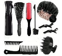 10 pezzi Set di spazzole con nodo, adatte per capelli naturali neri, con bottiglia spray e cuffia da notte, set di spazzole per ricci, che rendono il groviglio dei capelli più facile e veloce nel gior