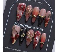 10 pezzi/set di unghie finte a mandorla realizzate a mano in stile marrone Y2K e con decorazioni floreali 3D con sfumature degradate. 1 pezzo di gel trasparente e 1 lima per unghie. Adatto per uso quo