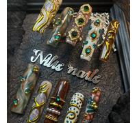 10 pezzi Set di unghie finte in acrilico stile barocco fatte a mano, include forme rettangolari, occhio di gatto marrone, tie-dye blu-verde, perle incastonate, stampa leopardata dipinta a mano, stelle