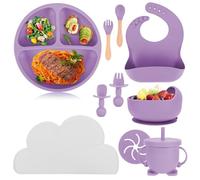 10 Pezzi Set Svezzamento Prima Pappa Silicone Kit Bimba Neonato 6 Mesi Bambini Piattino Stoviglie Accessori Piatto con Ventosa Ciotola Cucchiaio Forchetta Tazza Bavaglino Tovagliette Antiscivolo Viola