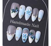 10 pezzi/set Unghie finte a mandorla realizzate a mano, stile francese azzurro chiaro Y2K e decorazioni 3D scolpite a mano e mirtilli dipinti a mano e design con perle e perline sfumate. 1 pezzo di ge