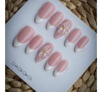 10 pezzi Stile Y2K - Adesivi per unghie con bordo bianco e petali 3D - Punte per unghie a mandorla bianche francesi fatte a mano - Base rosa nudo, petali 3D, decorazione maiale dorato - Delicato ed el