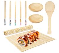 10 Pezzi Sushi Kit in Bambù per Arrotolare, 2 Stuoia Sushi e 5 Paia di Bacchette, Oltre a 1 Cucchiaio per Riso e 2 Piatti per Condimento, Adatti ai Principianti Nella Preparazione