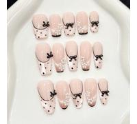 10 pezzi Unghie finte acriliche con fiocco, perla finta, a forma di occhio di gatto, a pois, stile ballerina, per l'estate, dolci e carini, a forma di bara/ovale lungo, copertura completa, con colla g