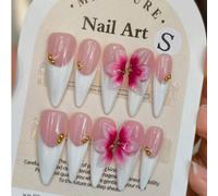 10 pezzi Unghie finte rosa con decorazioni floreali 3D, manicure francese a punta lunga, stile Y2K soft girl rosa e bianco, versatili e fatte a mano, adatte per uso quotidiano delle ragazze, accessori