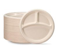 [10 Pollici - 25,4 cm - 125 Pezzi] Piatti Resistenti 100% Compostabili, con 3 Scomparti, Eco-Friendly, Piatti di Carta Usa e Getta in Bagassa di Canna da Zucchero - Marrone Non Sbiancato.