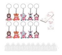 10 portachiavi a forma di animali dello zoo, sacchetti di organza con scritta in lingua inglese "Thank You", per baby shower, decorazioni per feste di nozze, baby shower, con sacchetti di organza