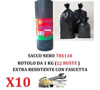 10 Rotoli da 1 Kg (Tot. 120 Buste) 70x110 Sacco immondizia NERO Extra Resistenti
