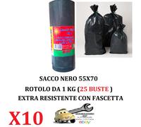 10 Rotoli da 1 Kg (Tot. 250 Buste) 55x70 Sacco immondizia NERO Extra Resistenti