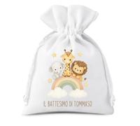 10 Sacchetti portaconfetti bianchi animaletti arcobaleno personalizzabili con nome del bambino e/o data evento nascita festa confetto bomboniera segnaposto nata bimbo