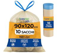 10 Sacchi Spazzatura TRASPARENTI 90x120 cm - Extra Resistenti 150 Litri - Con Maniglie Scorrevoli Legaccio, Fondo Antigoccia, 100% Riciclabili - Made in Italy - Raccolta Differenziata Casa Ufficio