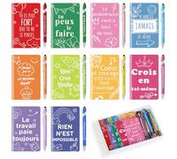 10 set regalo con scritte ispiratrici, composto da 10 piccoli quaderni motivazionali e 10 penne a sfera, sono regali per colleghi, dipendenti, compagni di classe, studenti (Francese)