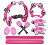 10 tamburelli rosa per adulti - Tamburello a mezza luna, bastoncini ritmici in legno, campane tamburello, campane da polso, scuotitore per uova, un paio di maracas, set di strumenti musicali a