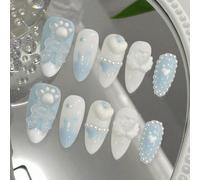 10 unghie a mandorla lunghe per San Valentino, arte delle unghie romantica, design artistico di unghie delicate e da fata, unghie finte applicabili, unghie con punte francesi blu, con stampe di zampe 