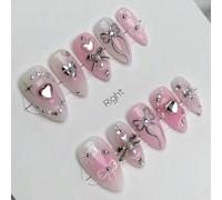 10 unghie finte a mandorla lunghe, con design a tema di San Valentino, decorazione con fiocco rosa cipria, perle bianche, motivo a cuore infranto, realizzate a mano, adatte per donne e ragazze per pal