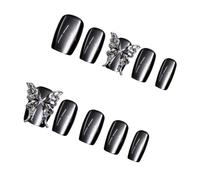 10 unghie finte da donna a pressione con farfalla e unghie finte quadrate grigie metallizzate lucide, kit per nail art