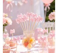 100/50/10 pezzi Spiedini in bambù con fiocco rosa e perle, stuzzicadenti in bambù per dessert e frutta, stuzzicadenti per cocktail e alcolici con fiocchi in nastro e perle, adatti per decorazioni fest