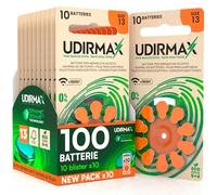 100 Batterie per Apparecchi Acustici Misura 13 Udirmax Pile PR48 Arancioni Zinco-Aria con Tecnologia Dynamic Sonar Eco Pack - 10 Blister Ecologici da 10 Pile