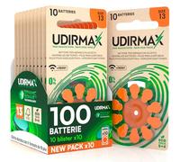 100 Batterie per Apparecchi Acustici PR48 Misura 13 Arancioni - Pile Udirmax Zinco-Aria Senza Mercurio 1,45V Tecnologia Dynamic Sonar Formato Eco Pack - 10 Blister Ecologici da 10 Pile
