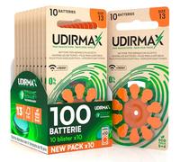 100 Batterie per Apparecchi Acustici PR48 Misura 13 Arancioni - Pile Zinco-Aria 1,45V Udirmax con Tecnologia Dynamic Sonar - Formato Eco Pack - 10 Blister Ecologici da 10 Pile