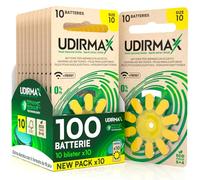 100 Batterie per Apparecchi Acustici PR70 Misura 10 Gialle - Pile Udirmax Zinco-Aria Senza Mercurio 1,45V Tecnologia Dynamic Sonar Formato Eco Pack - 10 Blister Ecologici da 10 Pile