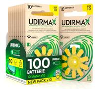 100 Batterie per Apparecchi Acustici PR70 Misura 10 Gialle - Pile Zinco-Aria 1,45V Udirmax con Tecnologia Dynamic Sonar - Formato Eco Pack - 10 Blister Ecologici da 10 Pile