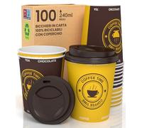 100 Bicchieri Caffè ASPORTO in Carta 240ml con COPERCHIO Bevande Calde e Fredde come Tè Infusi Acqua Cappuccino sono Ecologici Biodegradabili Tazze Monouso Colorate + 100 Coperchi con Beccuccio
