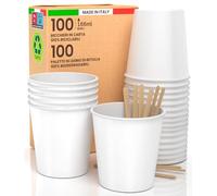 100 Bicchieri in Carta 166ml Ecologici Biodegradabili e Monouso Asporto Bevande Calde + 100 Palettine in legno di Betulla