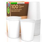100 Bicchieri in Carta 200ml Biodegradabili Ecologici Monouso Colore Bianco Made in Italy per Asporto Bevande Calde o Fredde e Acqua - Prodotto e Confezionato in Italia