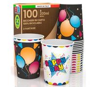 100 Bicchieri in Carta 200ml Biodegradabili Ecologici Monouso Made in Italy MIX di Fantasie BLACK PARTY + HAPPY DAY Asporto Bevande Calde Acqua - Prodotto e Confezionato in Italia