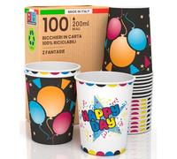 100 Bicchieri in Carta 200ml Ecologici Biodegradabili Monouso Made in Italy Asporto Bevande Calde Acqua MIX Fantasie HAPPYDAY/BLACKPARTY - Prodotto e Confezionato in Italia