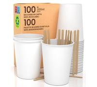 100 Bicchieri in Carta 200ml in Carta con Palette Monouso Bevande Calde e Fredde, Tè Infusi Acqua Ecologici, Biodegradabili Tazze Monouso Colorate + 100 Palette da 11cm in Legno di Betulla