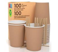 100 Bicchieri in Carta Avana 200ml in Carta con Palette Monouso Bevande Calde e Fredde, Tè Infusi Acqua Ecologici, Biodegradabili Tazze Monouso Colorate + 100 Palette da 11cm in Legno di Betulla