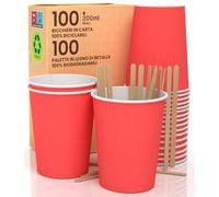 100 Bicchieri in Carta ROSSO 200ml in Carta con Palette Monouso Bevande Calde e Fredde, Tè Infusi Acqua Ecologici, Biodegradabili Tazze Monouso Colorate + 100 Palette da 11cm in Legno di Betulla
