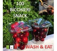 100 BICCHIERI SNACK CONTENITORI IN PET CON COPERCHIO UNITO CON FORI WASH AND EAT