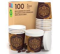 100 Bicchierini in Carta Caffè 65ml + 100 Coperchi Ecologici Monouso PubCUP | Bicchierini ASPORTO con COPERCHIO Piccoli Bevande Calde