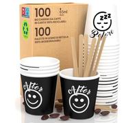 100 Bicchierini in Carta per caffè 65ml DownUpCUP Bicchieri Ecologici Biodegradabili e Monouso Piccoli Asporto Bevande Calde + 100 Palettine in legno di Betulla