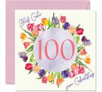 100° biglietto di compleanno per donne - acquerello tulipani fiori bouquet - Buon compleanno per 100 anni moglie mamma bisnonna 145 mm cento centesimo di compleanno biglietti di auguri