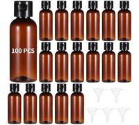 100 bottiglie da viaggio con coperchio ribaltabile, 60 ml, in plastica marrone con imbuto, bottiglie portatili a prova di perdite, contenitori vuoti ricaricabili per shampoo e lozioni
