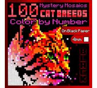 100 Cat Breeds Color by Number: Mystery Mosaics BLACK Edition: Mosaic Cats Coloring Book for Adults Relaxation, Color Quest on Black Paper