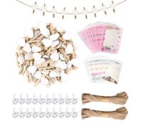 100 clip con corda da 10 metri e 2 chiodi, 20 supporti per biglietti fotografici, clip d'amore in legno, porta biglietti di vacanza